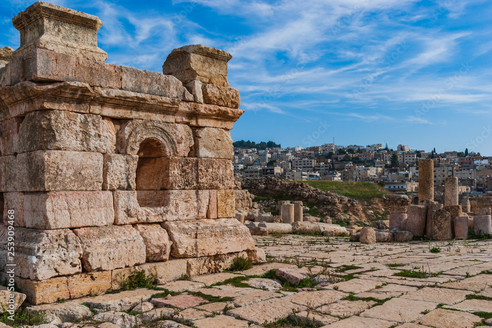 Ancient construction in front of a new city in Ancient Roman city of Gerasa, modern Jerash, Jordan