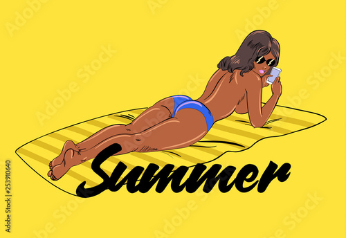Summer time poster with sexy young girl and calligraphy text.