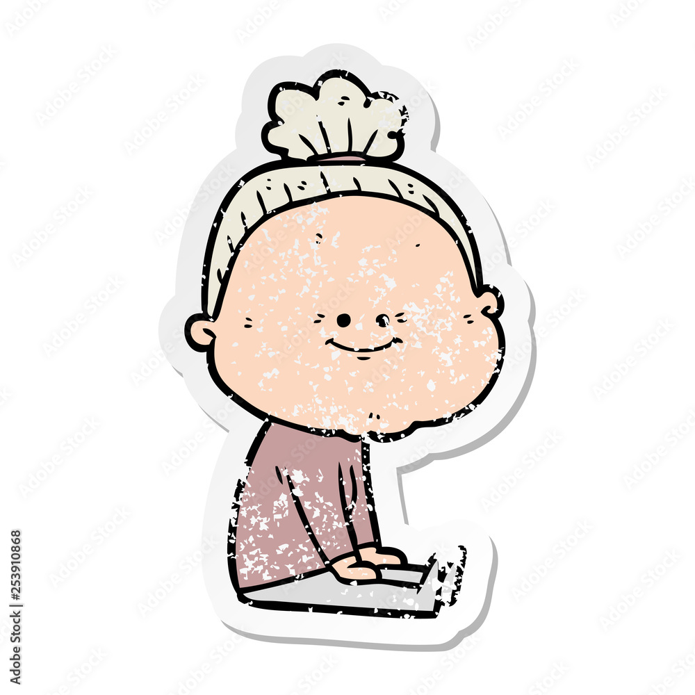 distressed sticker of a cartoon happy old woman distressed sticker of a cartoon happy old woman