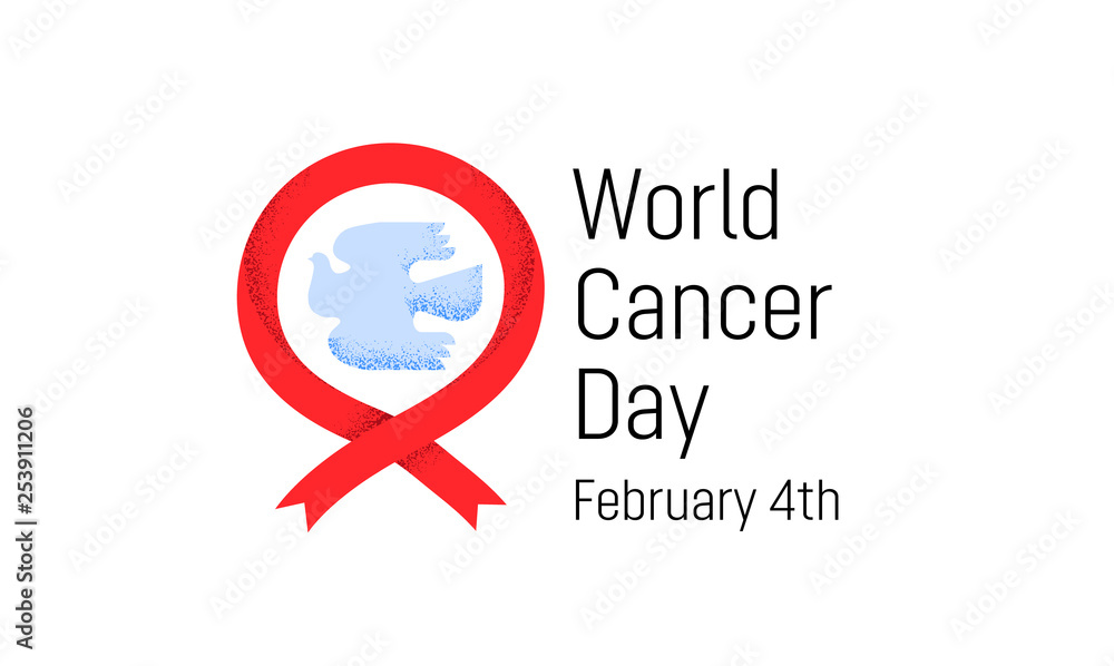 Fototapeta premium World Cancer day poster design with red ribbon, white pigeon and text.