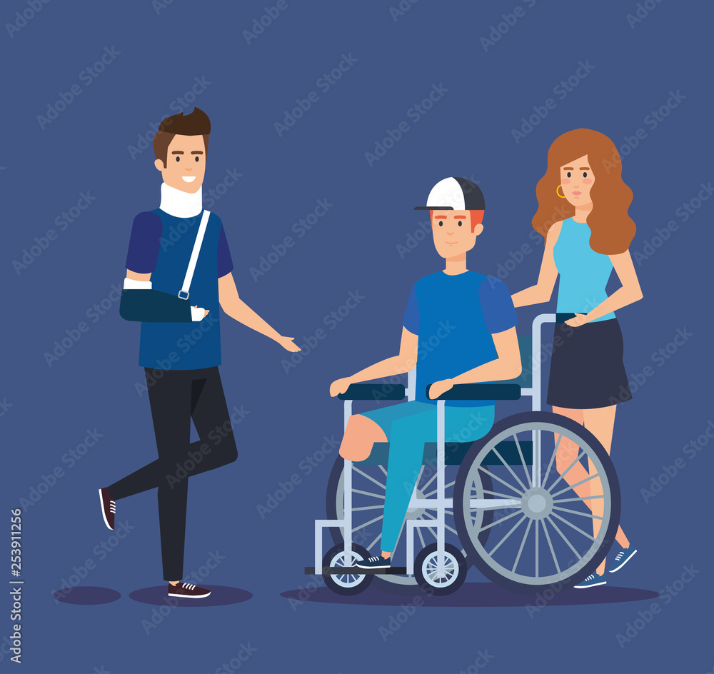 Obraz premium man with hand fracture and person sitting in the wheelchair