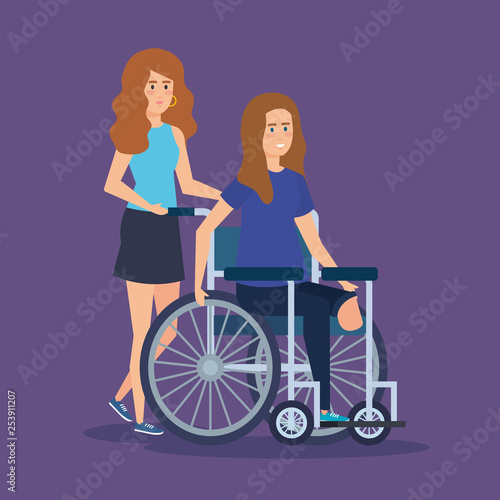 person with disabled woman sitting in the wheelchair
