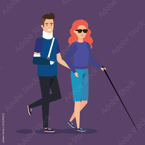man with orthopedic collar and blind woman