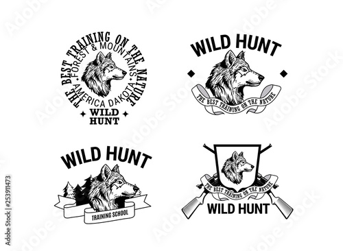 Hunter's club logo design collection with wolf head and decorate text in vintage style.