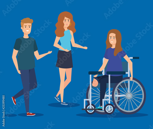 people and woman sitting in the weelchair without leg