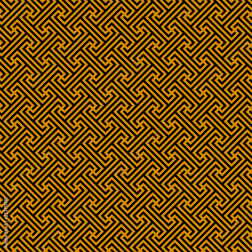 continuous diagonal meander. classic greek fret repeated motif. vector seamless pattern. simple black and gold repetitive background. geometric shapes. textile paint. fabric swatch. wrapping paper 
