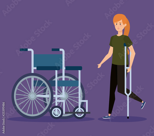 disabled woman walking with crutches and weelchair