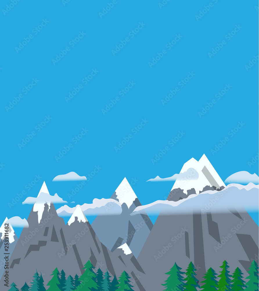 Mountain travel poster in cartoon style.