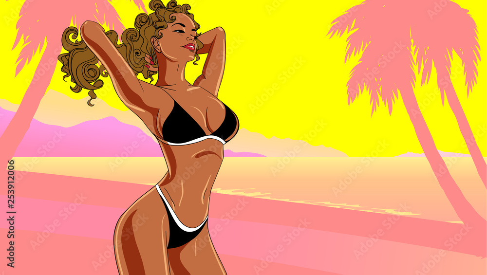 Summer time poster with sexy young girl in seaside. Vector illustraton.