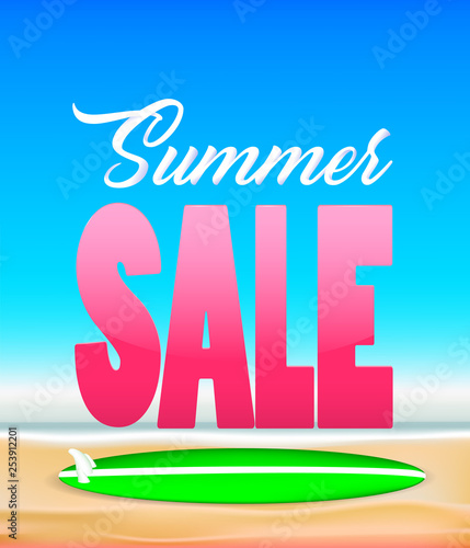 Summer sale letterign poster with seaside and calligraphy text. Vector illustration. photo