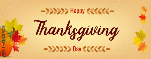 Lettering poster for Thanksgiving day with maple leaves and pumpkin. Vector illustration.