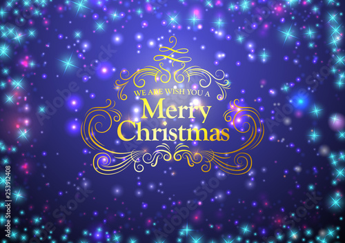 Christmas poster design with glowing light effects and golden text. Vector illustration.