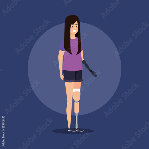 disabled woman with hand and leg prosthesis