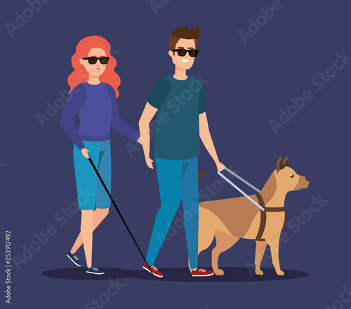 disabled woman and man blind with sunglasses