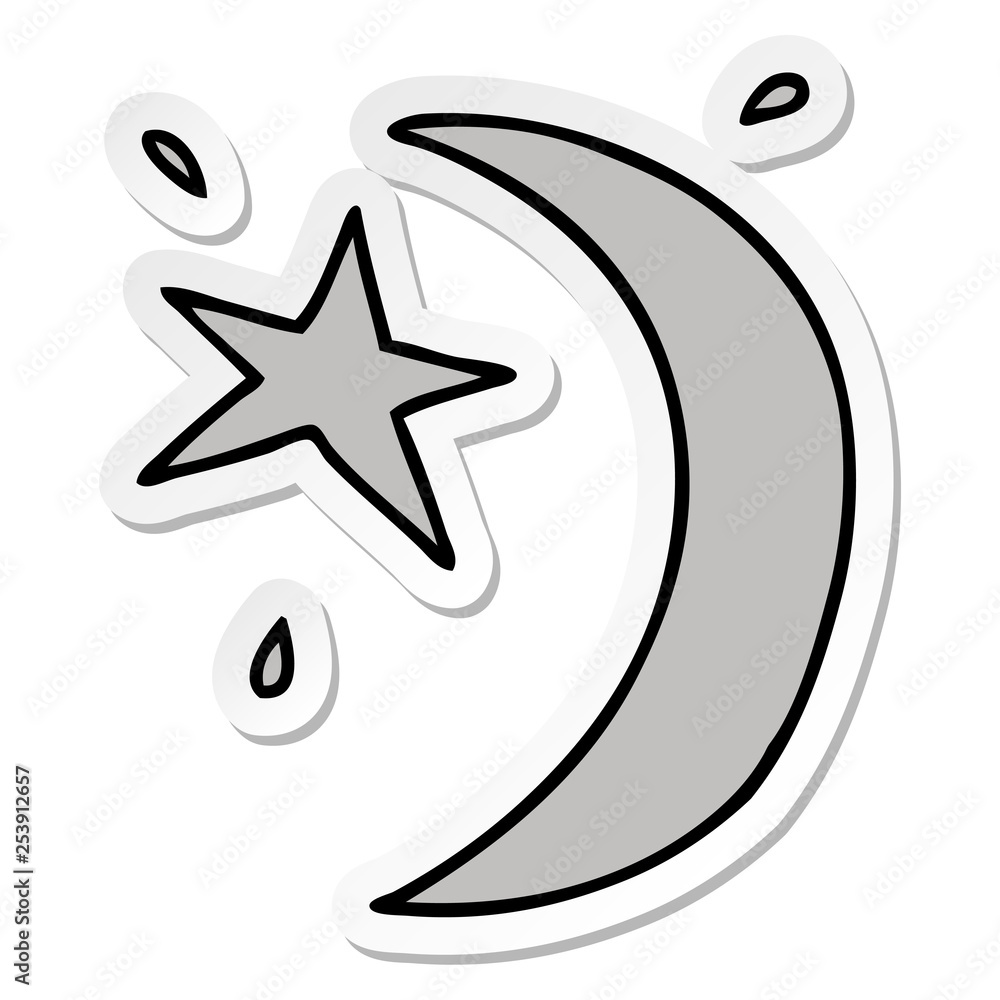 sticker cartoon doodle of the moon and a star sticker cartoon doodle of the moon and a star
