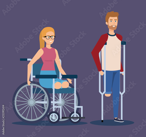 man with crutches and woman sitting in the wheelchair