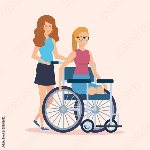 person with woman sitting in the wheelchair without legs