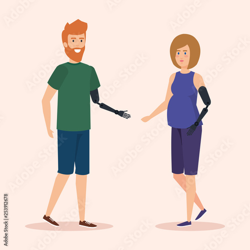 disabled man and woman with hand prosthesis