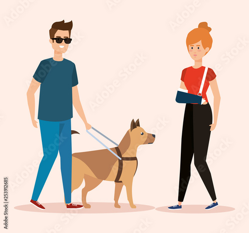 man blind with dog and woman with hand fracture