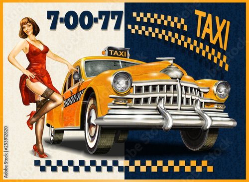 Taxi card with Pin-up girl and retro yellow taxi.