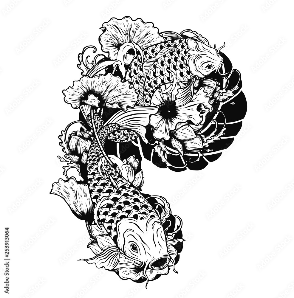 Carp fish with lotus vector tattoo by hand  fish on white   and white graphics design art highly detailed in line art   fish for tattoo or wallpaper. Stock Vector |