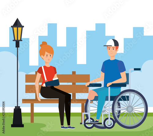woman with hand fracture and man without leg