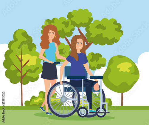 woman sitting in wheelchair without leg and cityscape