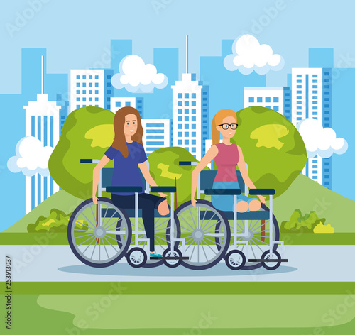 women sitting in wheelchair without legs and cityscape