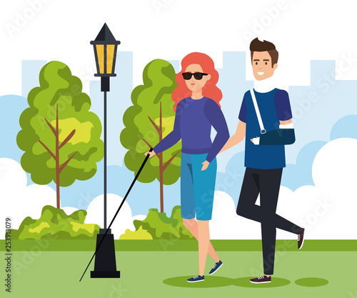 woman blind walking with stick and man with hand fracture