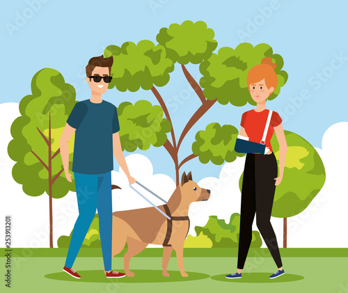 woman with hand frature and man blind with dog