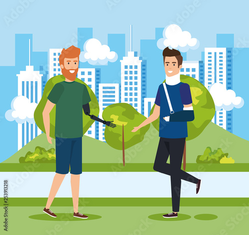 man with hand prosthesis and other with orthopedic collar