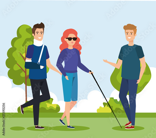 man with hand fracture and woman blind with stick