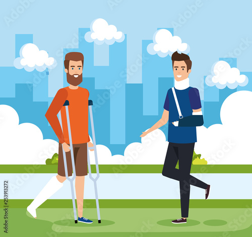 man with leg fracture and other with hand fracture