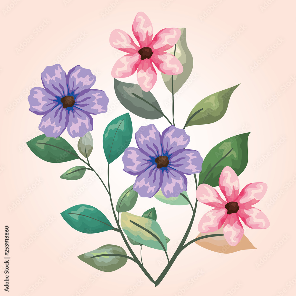 natural flowers plants with branches leaves design