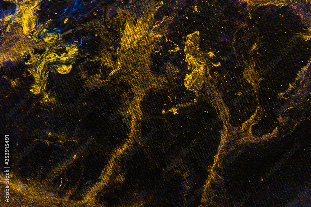 Fototapeta premium Creative gold black abstract hand painted background wallpaper texture design close-up fragment motion stains of fluid acrylic watercolor oil painting picture canvas Modern Contemporary piece of art