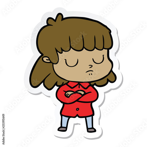 sticker of a cartoon indifferent woman folding arms