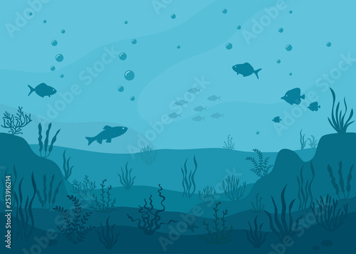 Sea underwater background. Marine sea bottom with underwater plants  corals and fishs. Panoramic seascape. Vector illustration.