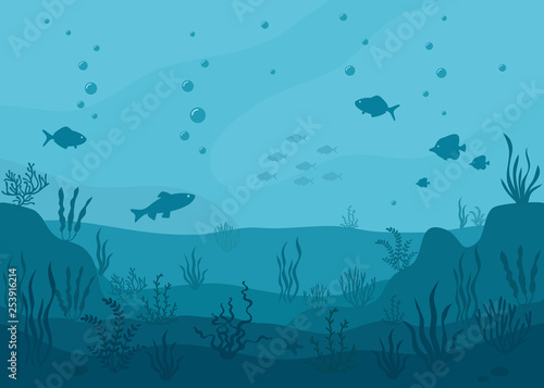 Sea underwater background. Marine sea bottom with underwater plants, corals and fishs. Panoramic seascape. Vector illustration.