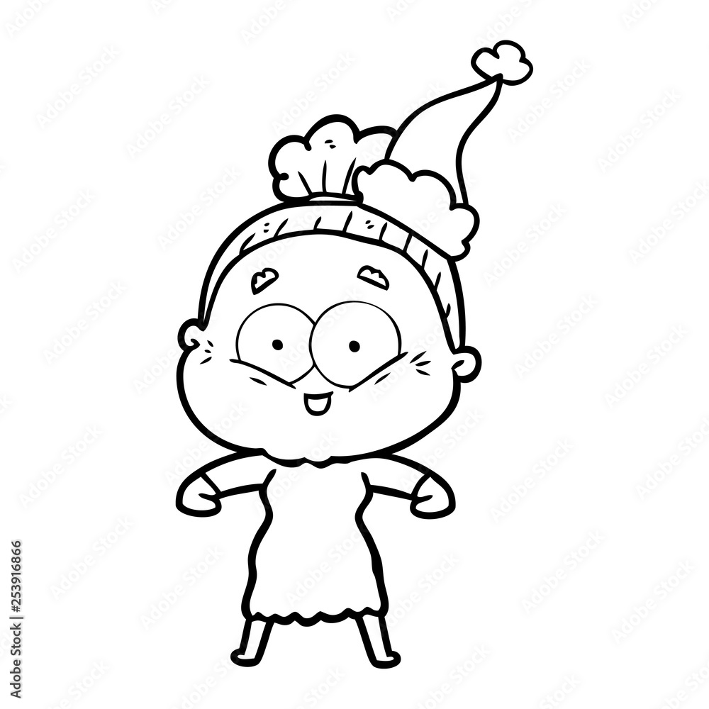 line drawing of a happy old woman wearing santa hat line drawing of a happy old woman wearing santa hat