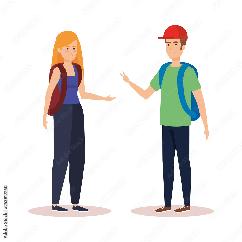 Fototapeta premium woman and man students talking with backpack