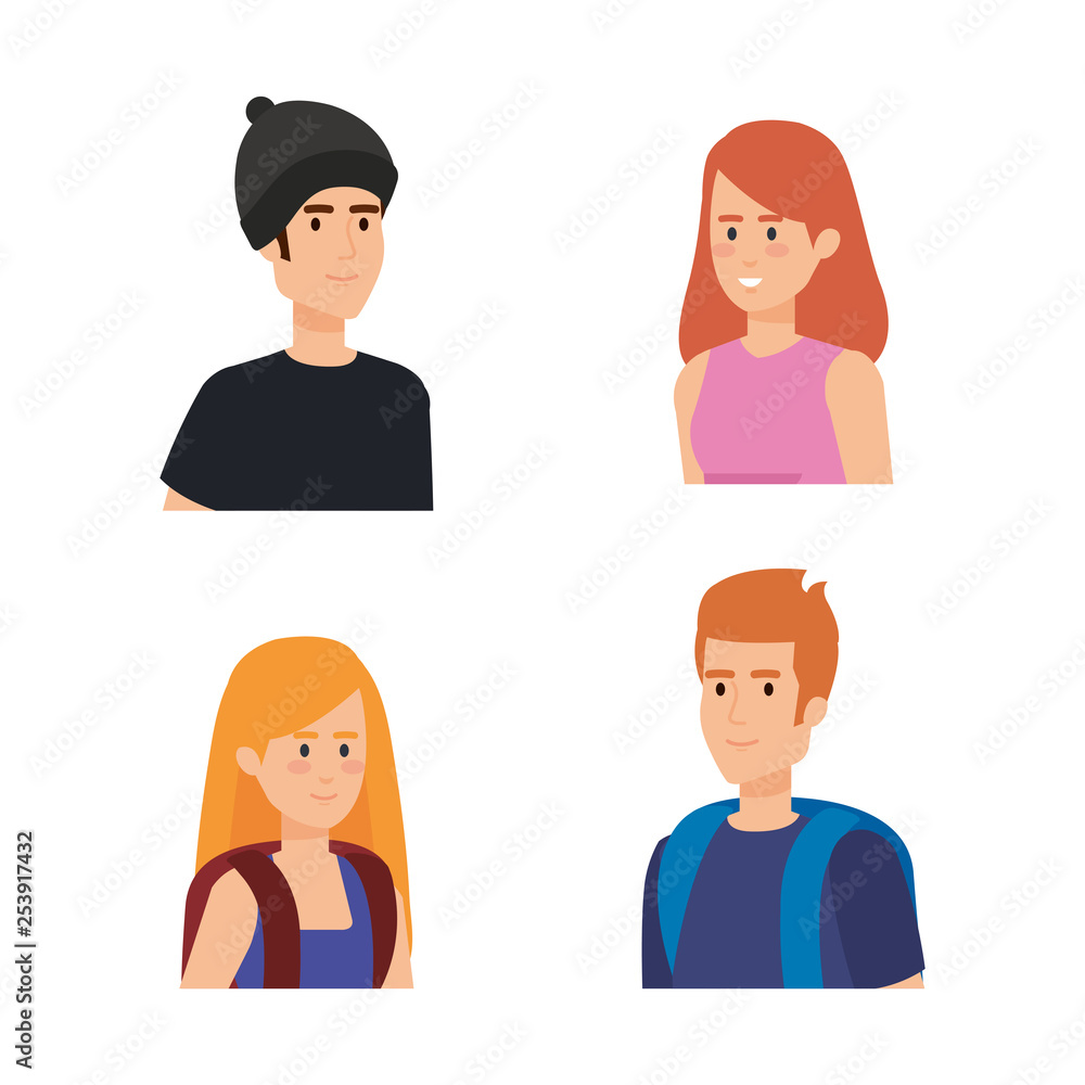 set women and men with hairstyle and backpack set women and men with hairstyle and backpack