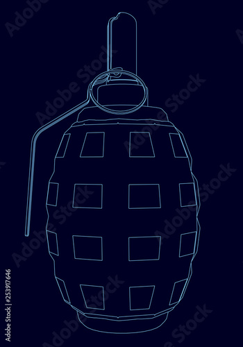 Wireframe hand grenades from the blue lines on a dark background. Vector illustration