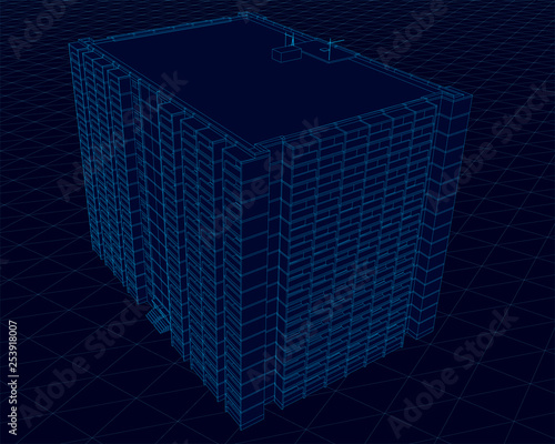 Wireframe multi-storey building of blue lines on a dark background. 3D. Vector illustration