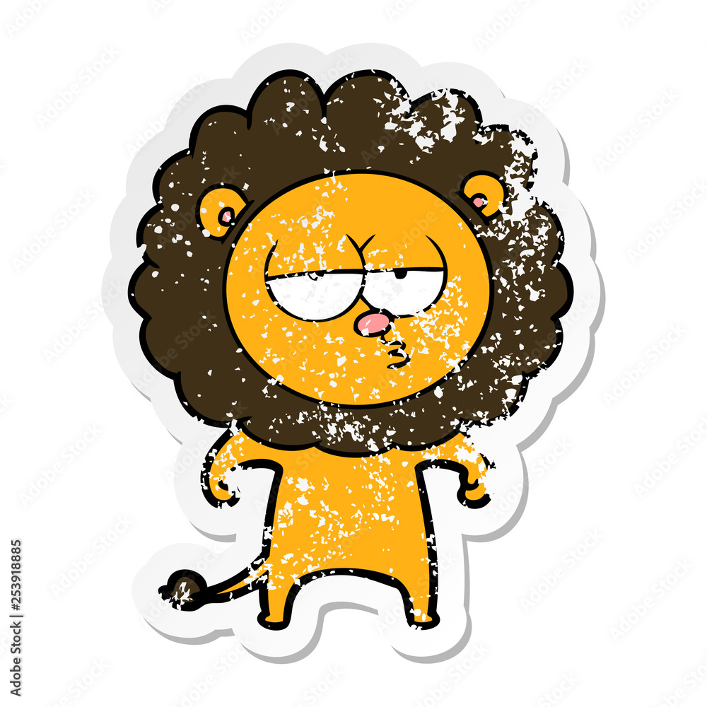 distressed sticker of a cartoon bored lion distressed sticker of a cartoon bored lion