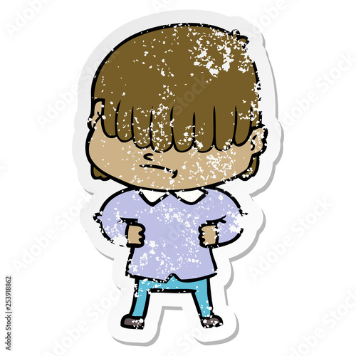 distressed sticker of a cartoon boy with untidy hair