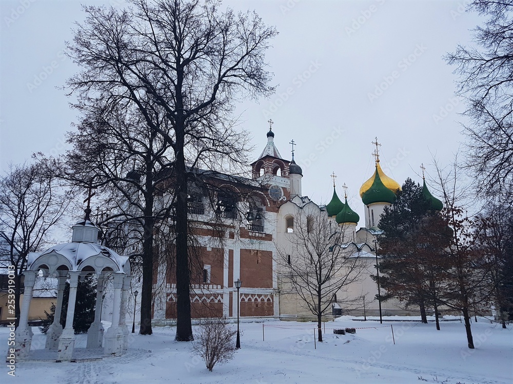 Suzdal Kremlin, Russia. Suzdal is part of the Golden Ring of Russia and a UNESCO site. Famous tourist destination. Ancient architecture of Suzdal center in snowy winter.