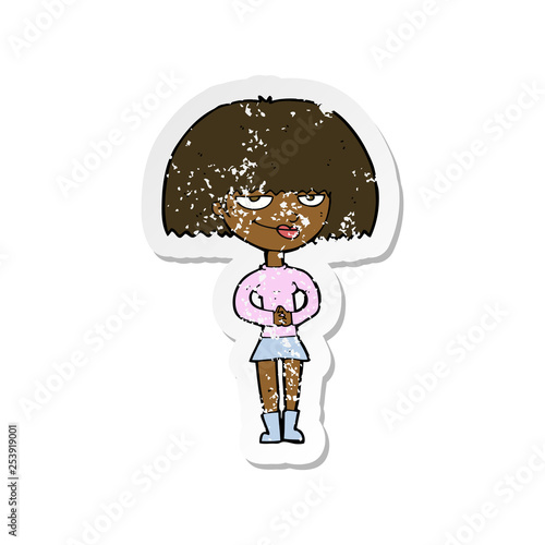 retro distressed sticker of a cartoon sly woman