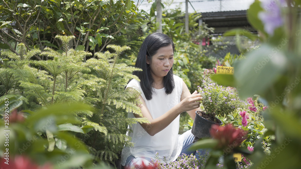 Asian women care flowers, tree in the pergola shop. Asian women care flowers, tree in the pergola shop.