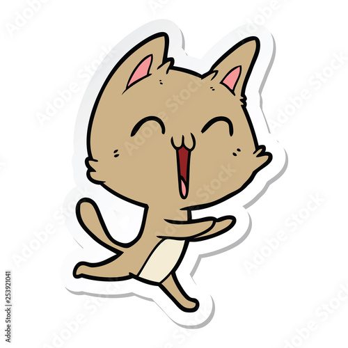 sticker of a happy cartoon cat meowing