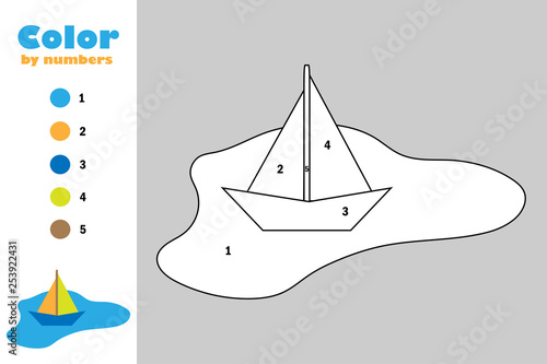 Colorful paper boat in puddle in cartoon style, color by number, education paper game for the development of children, coloring page, kids preschool activity, printable worksheet, vector illustration